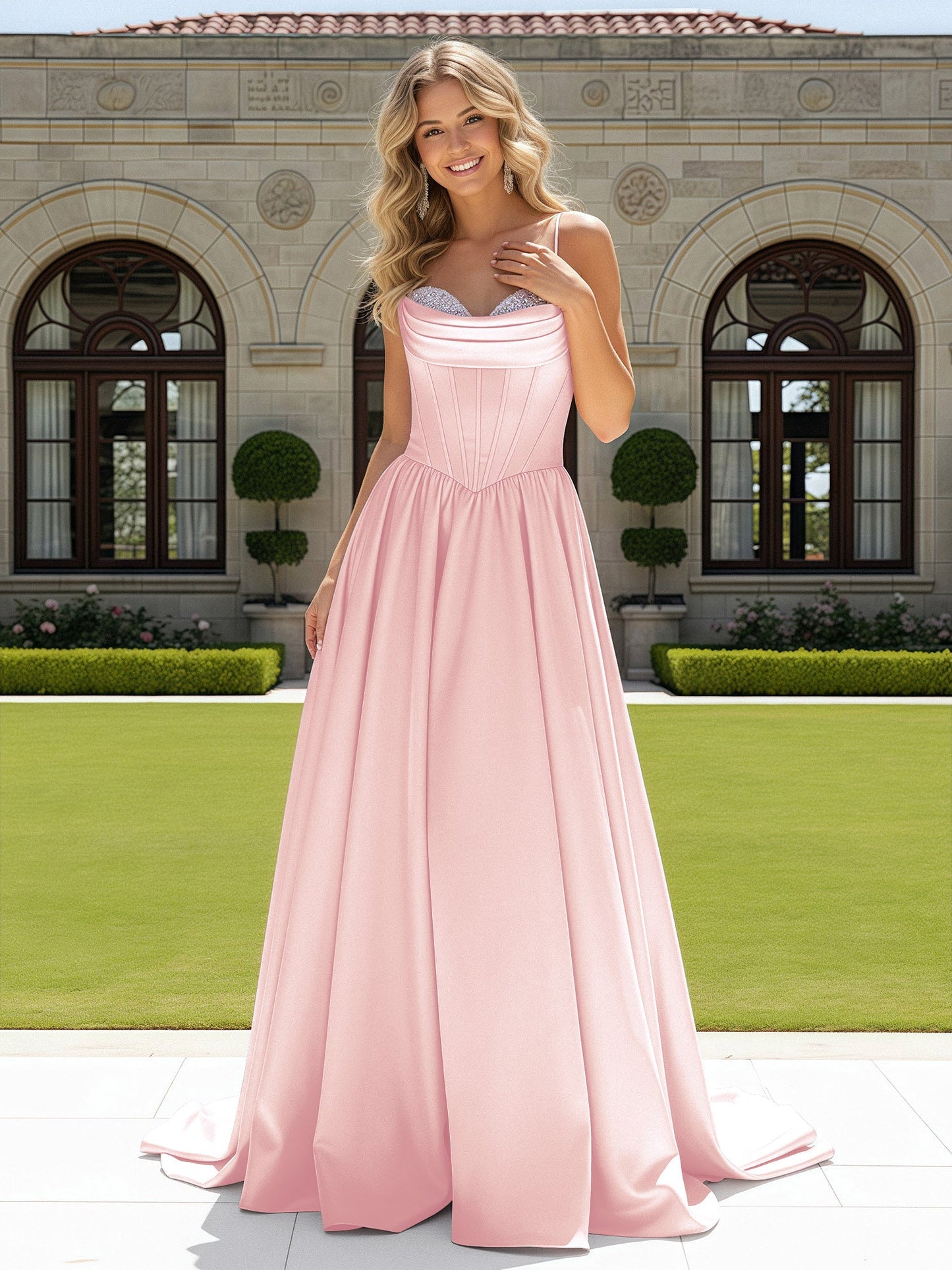 Beaded Sweetheart Corset Sweep Train Gown Blushing Pink