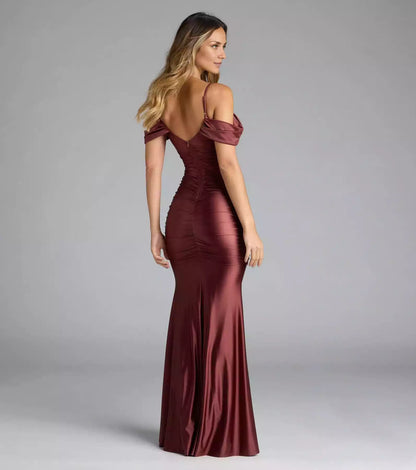Elastic satin off shoulder collar with adjustable thin shoulder straps, back zipper, side stitching, pleated mermaid and floor Prom Dresses
