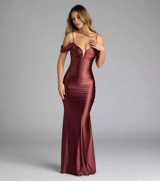 Elastic satin off shoulder collar with adjustable thin shoulder straps, back zipper, side stitching, pleated mermaid and floor Prom Dresses