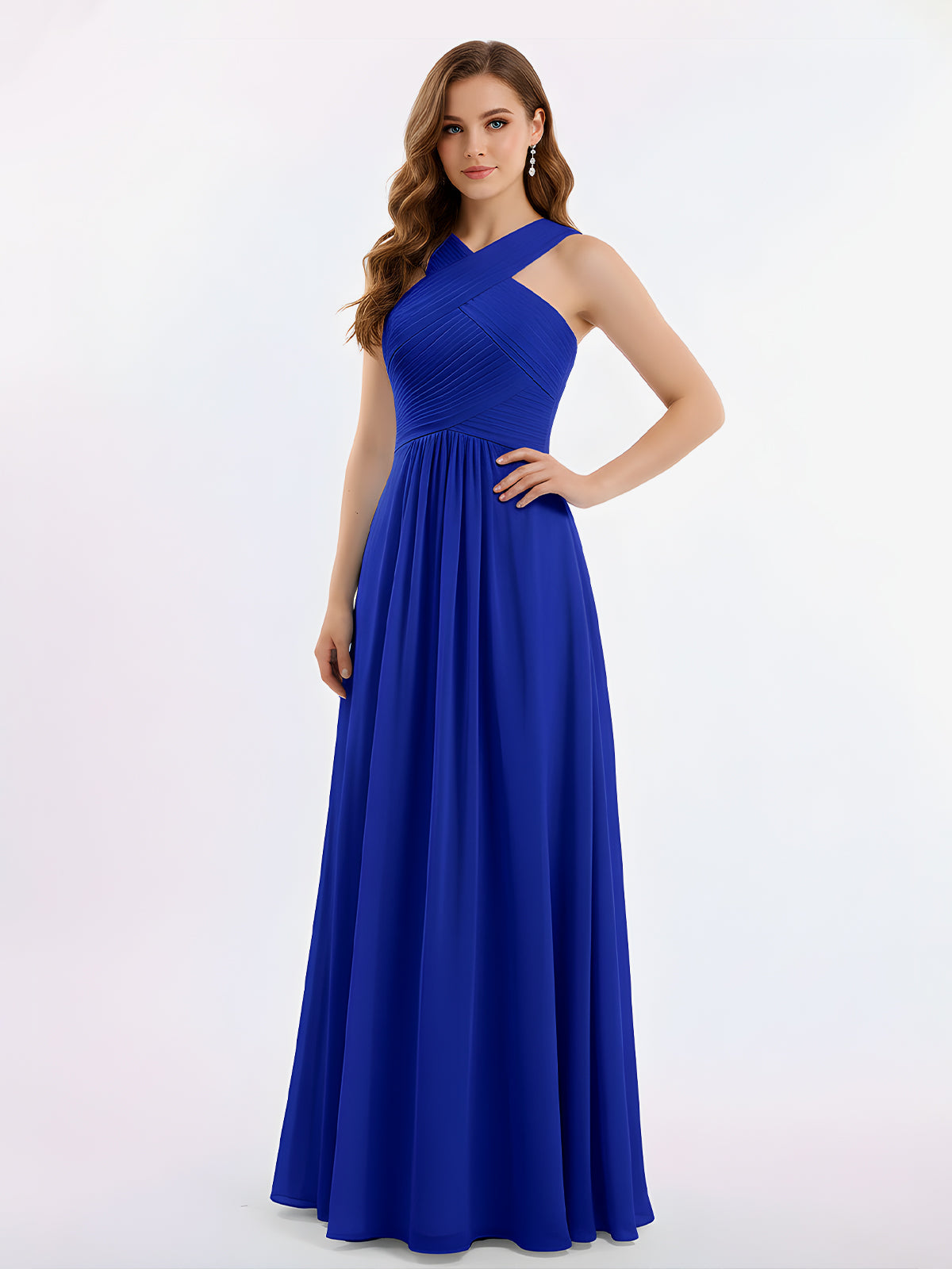 Cross Shoulder Strap Chiffon Dress with Empire Waist Royal Blue