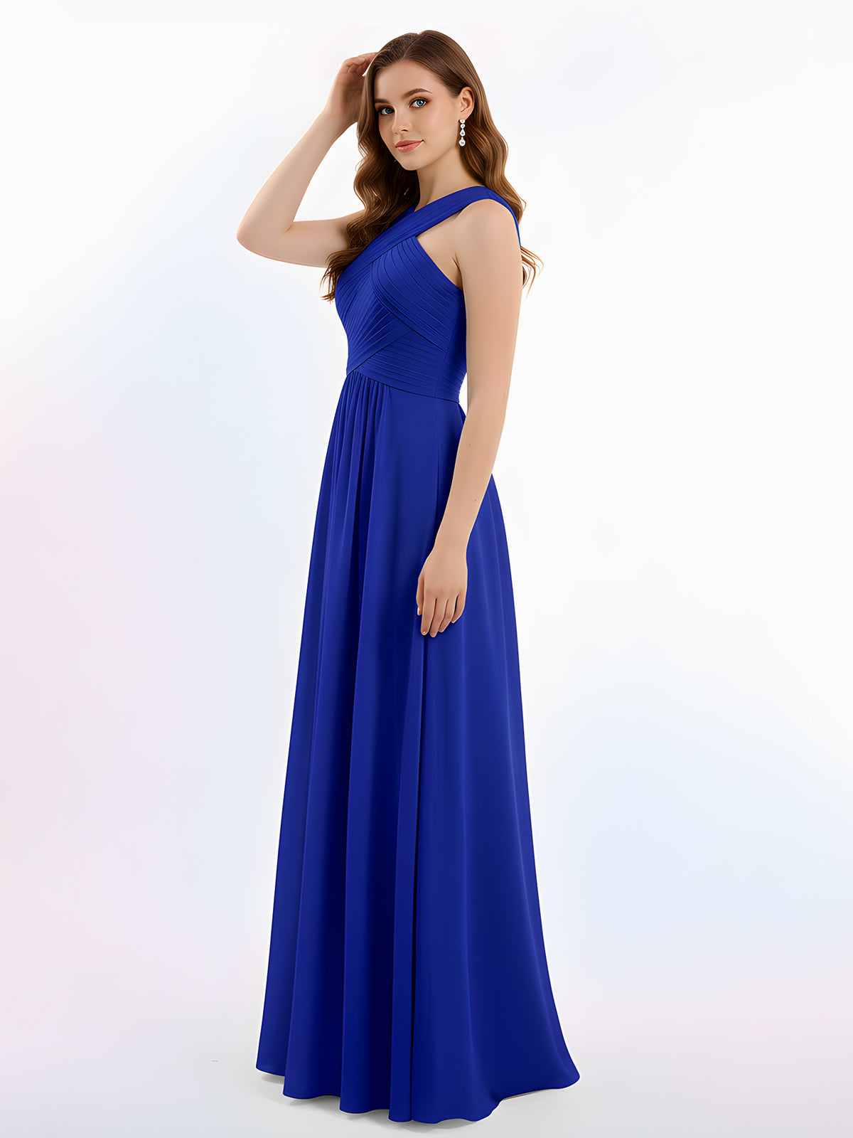 Cross Shoulder Strap Chiffon Dress with Empire Waist Royal Blue
