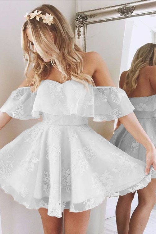 Elegant A Line Off Shoulder Lace Prom Short Dresses Ruffles Homecoming Dresses