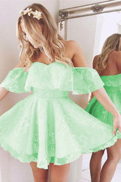 Elegant A Line Off Shoulder Lace Prom Short Dresses Ruffles Homecoming Dresses