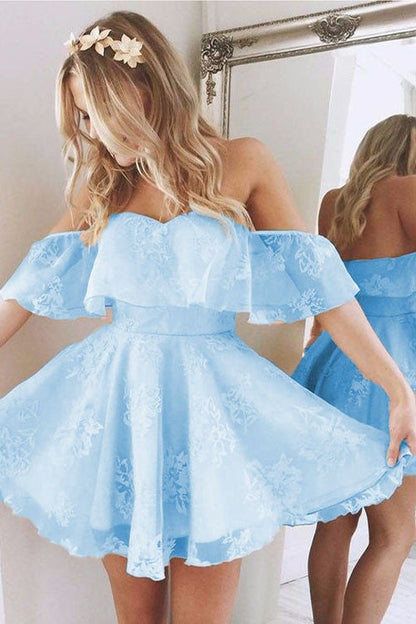 Elegant A Line Off Shoulder Lace Prom Short Dresses Ruffles Homecoming Dresses