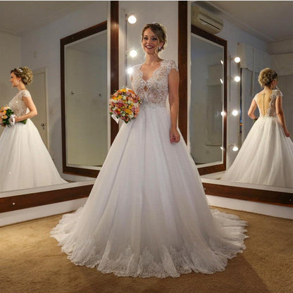 Elegant Lace Cap Sleeves Nude Back Tulle Wedding Dresses Princess