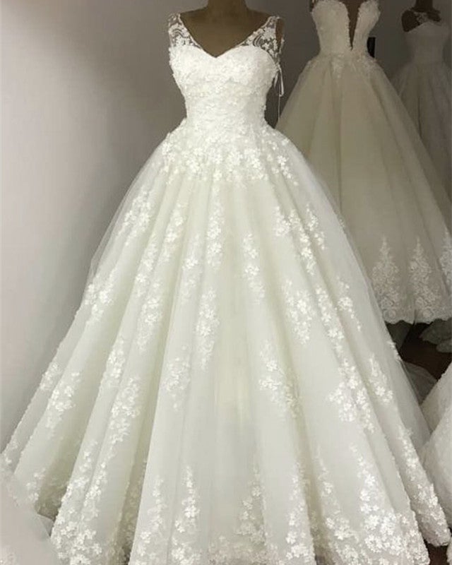 Elegant Lace Flowers Beaded V-neck Princess Wedding Dresses