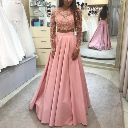 Elegant Lace Long Sleeves Ball Gowns Prom Dresses Two Piece