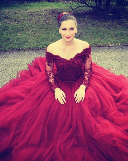 Elegant Lace Long Sleeves Tulle Ball Gowns Prom Dresses