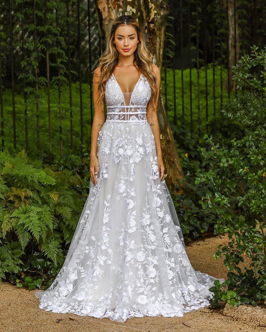 Lace A Line Wedding Dresses V Neck