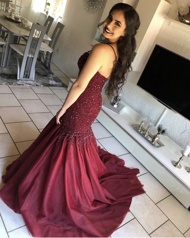 Burgundy Mermaid Evening Dress Sweetheart Appliques Beaded