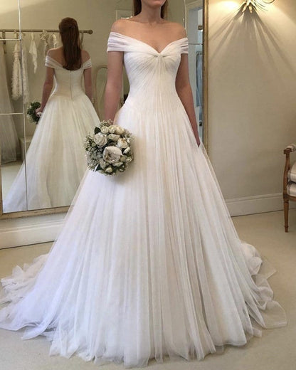 Elegant Pleated Tulle V-neck Off Shoulder Princess Wedding Dresses