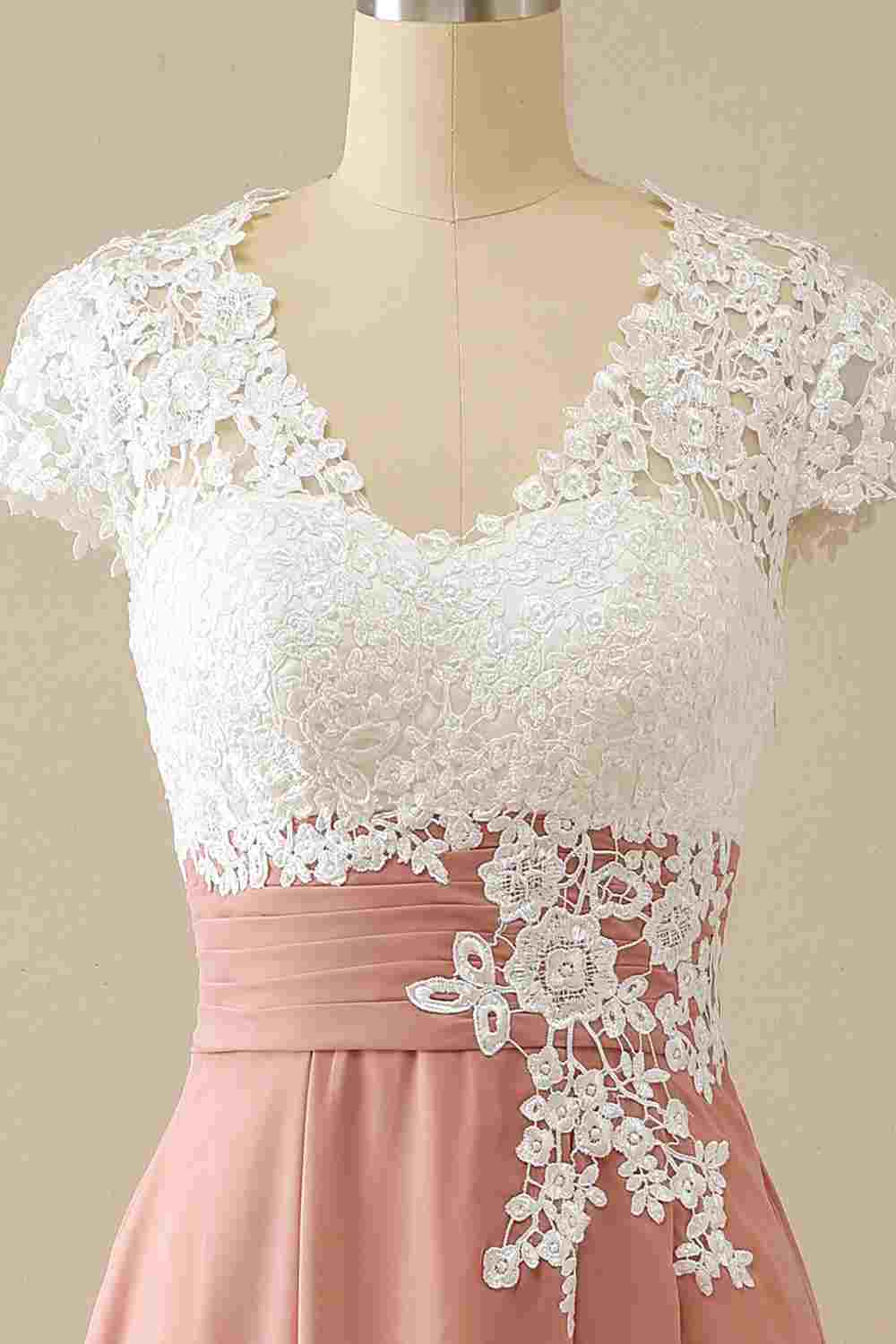 Mature V-neck lace chiffon hat sleeves Mother of the Bride Dress