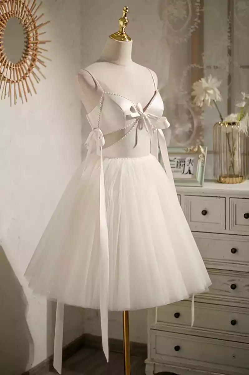 Elegant A-line chiffon short, thin shoulder strap, sleeveless neckline, bow tie, back, Prom Dresses