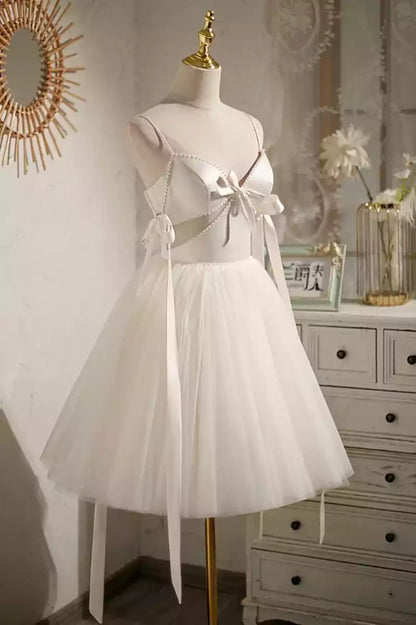 Elegant A-line chiffon short, thin shoulder strap, sleeveless neckline, bow tie, back, Prom Dresses