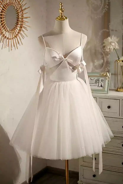 Elegant A-line chiffon short, thin shoulder strap, sleeveless neckline, bow tie, back, Prom Dresses