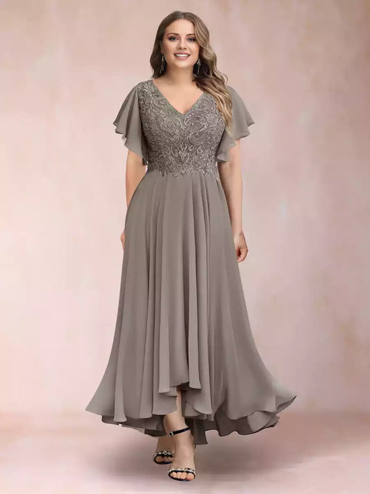 Elegant A-line/princess V-neck short sleeved long plus size decal Mother of the Bride Dresses