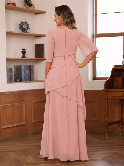 Elegant A-line/princess style round neck short sleeved layered chiffon Mother of the Bride Dresses