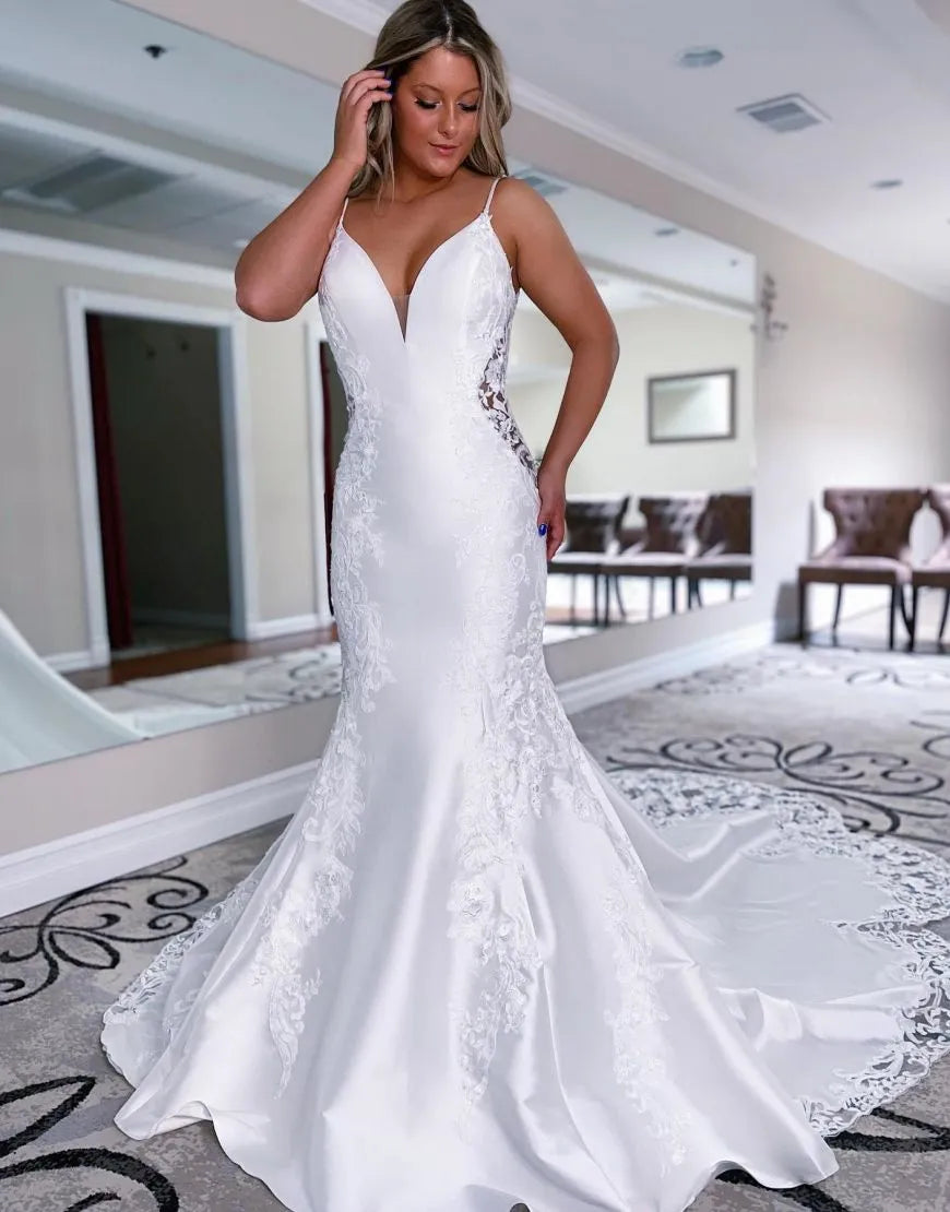 Aimishang Wedding Dress Mermaid Spaghetti Straps Satin With Appliques