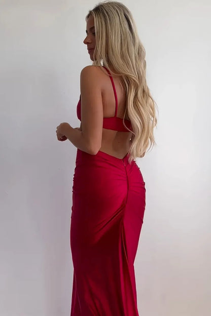 Elegant Red Mermaid Satin Spaghetti Straps Cut-out Long Prom Dress
