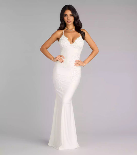 Elegant Smooth Knitted Deep V-Back Lace Beaded Stickers Adjustable Strap Mermaid and Ground Prom Dresses