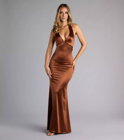 Elegant and charming satin backless V-neck back zipper mermaid and floor skirt Prom Dresses