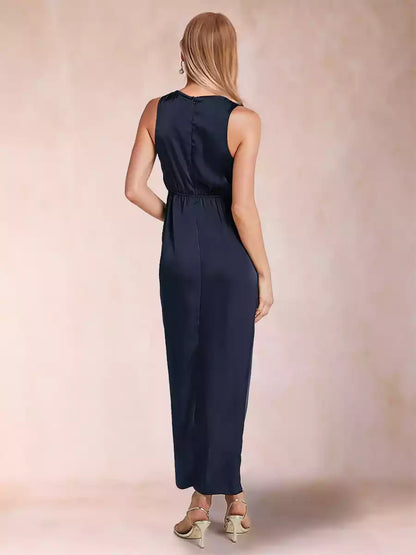 Elegant and charming slim fit/straight V-neck pleated and ankle length side slit Mother of the Bride Dresses