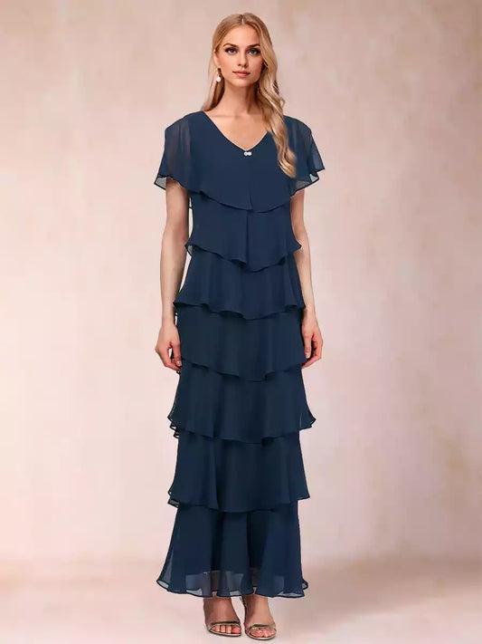Elegant and charming slim fit/straight V-neck short sleeved ruffle edge slim fit long Mother of the Bride Dresses