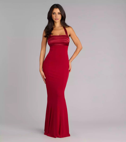 Elegant appearance of smooth knitted satin square hanging neck collar mermaid silhouette and floor skirt Prom Dresses