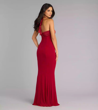 Elegant appearance of smooth knitted satin square hanging neck collar mermaid silhouette and floor skirt Prom Dresses
