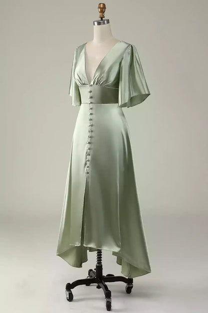 Elegant backless polyester fiber asymmetrical deep V-neck half sleeve back zipper Bridesmaid Dresses