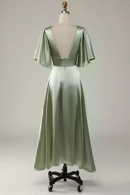 Elegant backless polyester fiber asymmetrical deep V-neck half sleeve back zipper Bridesmaid Dresses