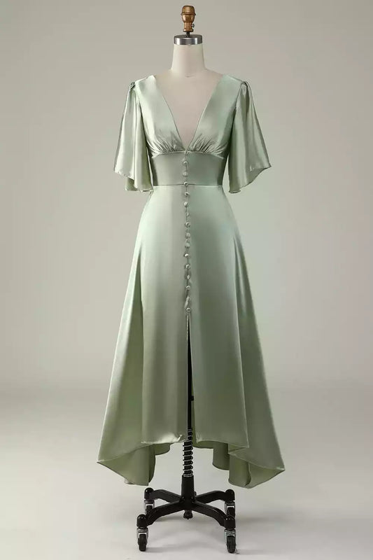 Elegant backless polyester fiber asymmetrical deep V-neck half sleeve back zipper Bridesmaid Dresses