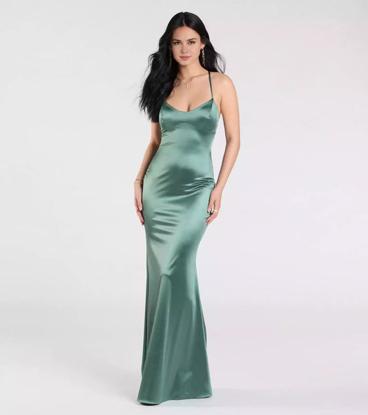 Elegant elastic satin knitted thin shoulder strap V-neck back strap mermaid and floor Prom Dresses