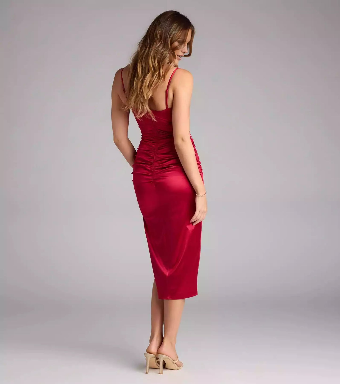 Elegant elastic satin square neckline with adjustable thin shoulder straps, back zipper for snug fit, side slits Prom Dresses