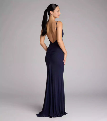 Elegant full-length knitted sleeveless hanging collar with adjustable thin shoulder straps, back pleats and floor mermaid Prom Dresses