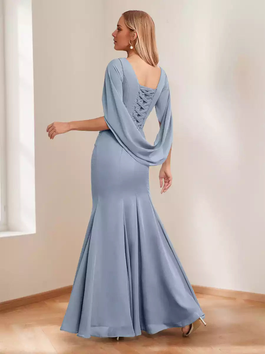 Elegant horn/mermaid collar long pleated ruffle hem Mother of the Bride Dresses