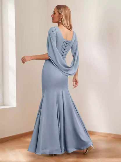 Elegant horn/mermaid collar long pleated ruffle hem Mother of the Bride Dresses