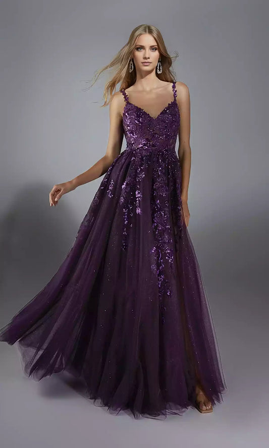 Elegant long V-neck tight corset with lace decal A-line sheer thin shoulder straps Prom Dresses