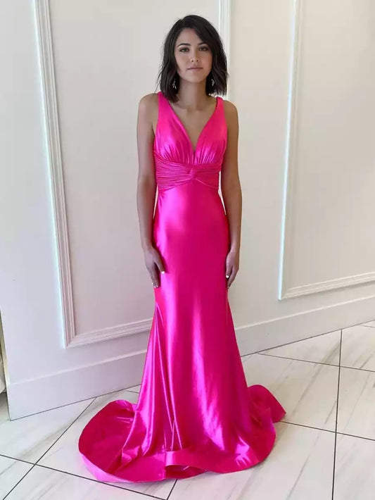 Elegant mermaid satin V-neck sleeveless pleated zipper back Prom Dresses