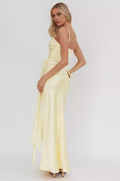 Elegant mesh details with knot embellishments at the waist and lining at the back with zippers Prom Dresses