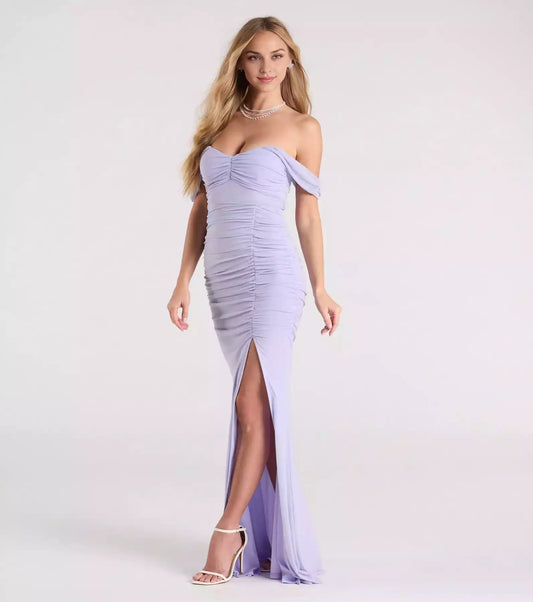 Elegant off shoulder heart-shaped neckline with high slit, pleated mermaid and floor Prom Dresses