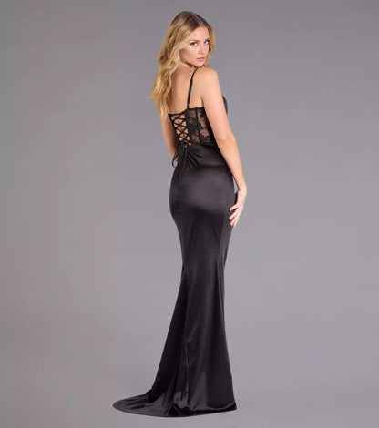 Elegant satin knit heart-shaped neckline with pleats, adjustable fine shoulder straps, sheer lace corset, high slit Prom Dresses
