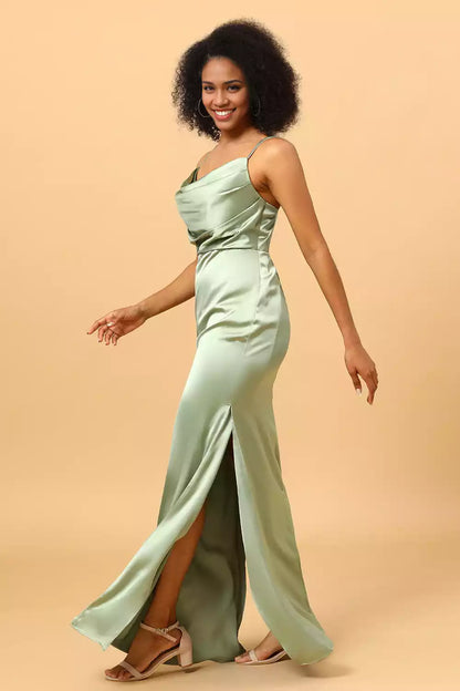 Elegant satin thin shoulder strap fish tail shaped scarf collar and floor Bridesmaid Dresses