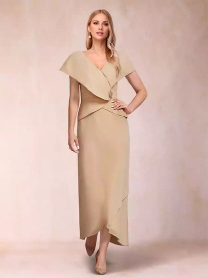 Elegant slim fit/straight V-neck asymmetrical chiffon bead sequins Mother of the Bride Dresses