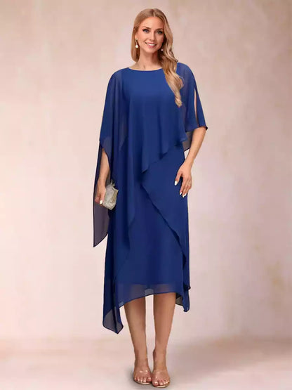 Elegant slim fit/straight round neck half sleeve pleated Mother of the Bride Dresses