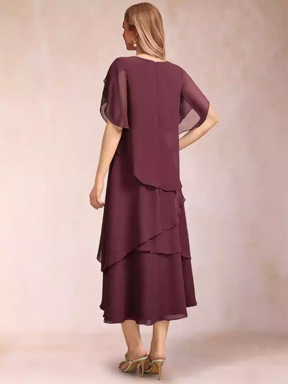 Elegant slim fit/straight round neck short sleeved layered Mother of the Bride Dresses