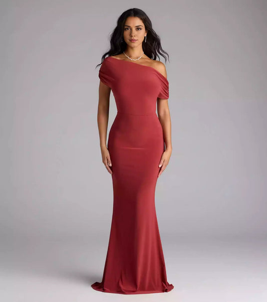 Elegant smooth knit off shoulder collar, backless mermaid and floor Prom Dresses