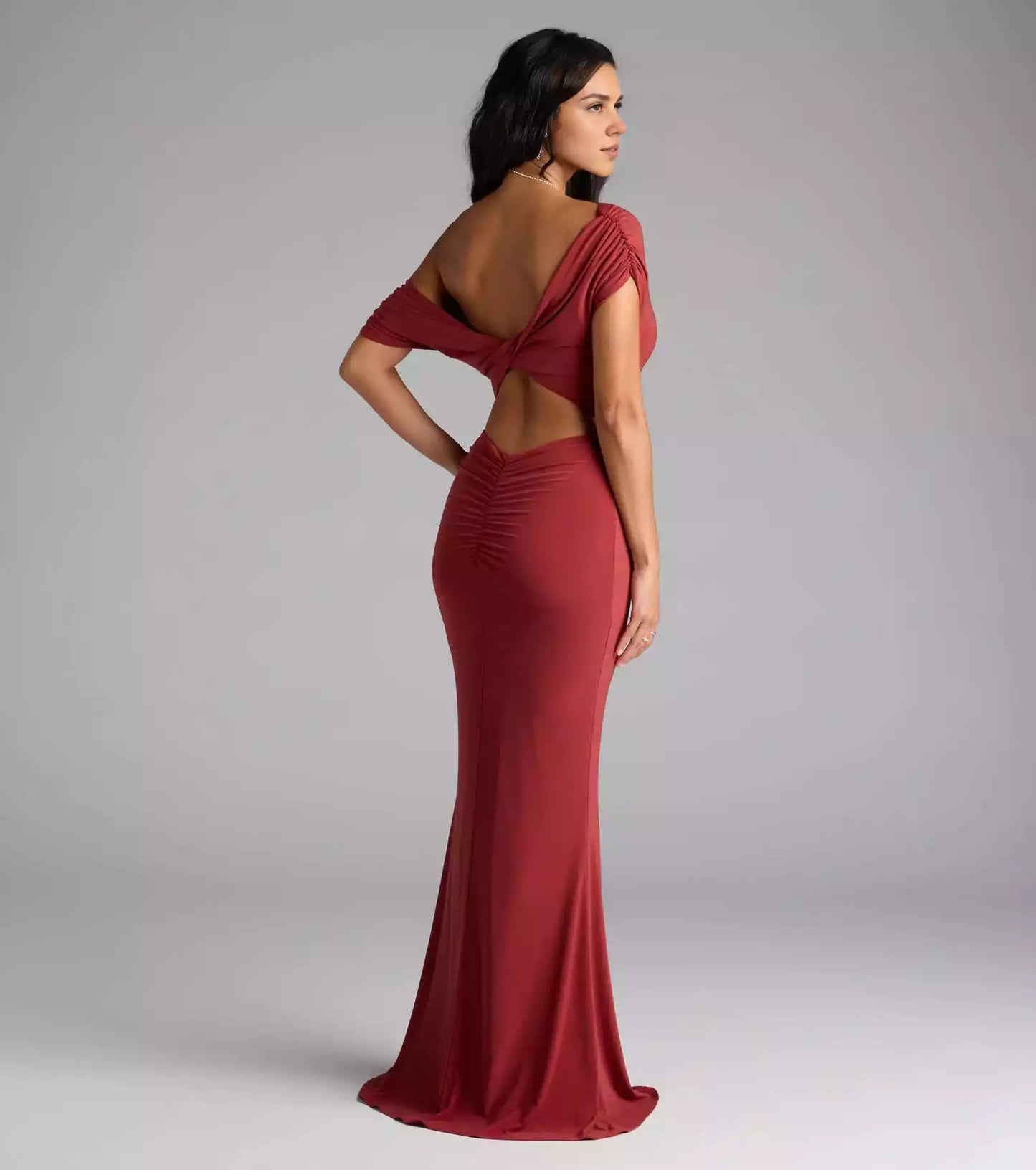 Elegant smooth knit off shoulder collar, backless mermaid and floor Prom Dresses