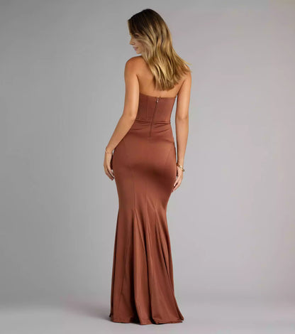 Elegant smooth knit strapless heart-shaped twisted neckline, back zipper tight corset, mermaid and floor Prom Dresses