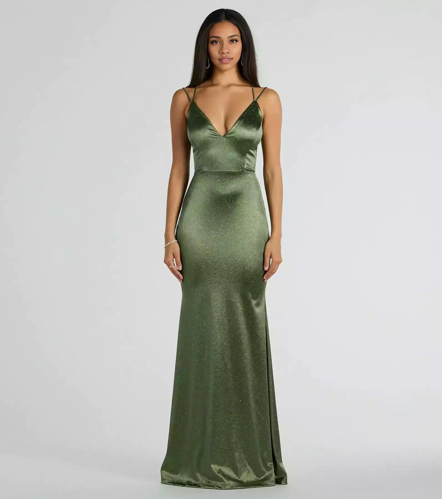 Elegant sparkling satin V-neck with zip back and slim silhouette, lined chest Prom Dresses
